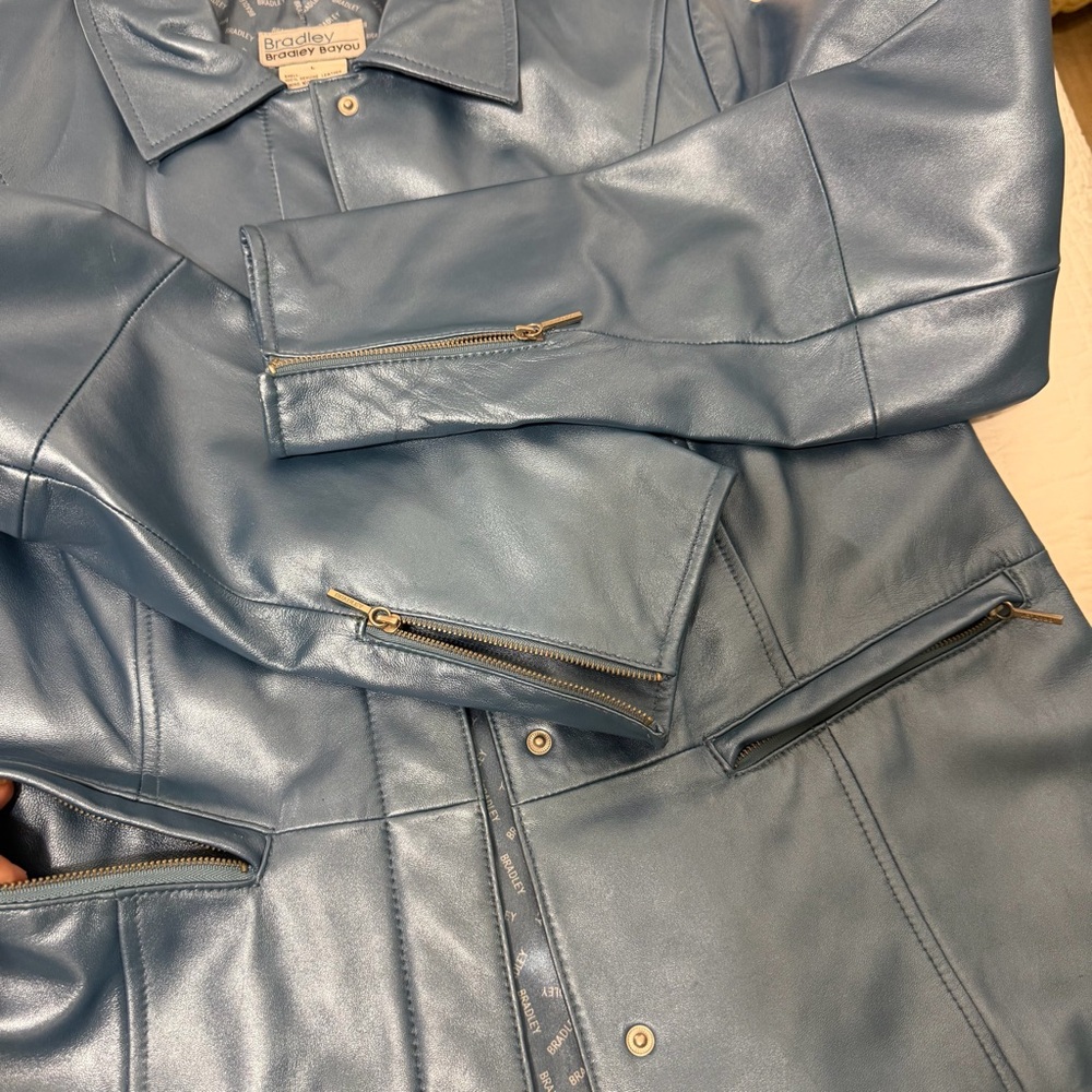 Y2K Metallic Blue Pearl Genuine Leather Blazer Jacket | Size L | Sex & the City - Picture 5 of 10